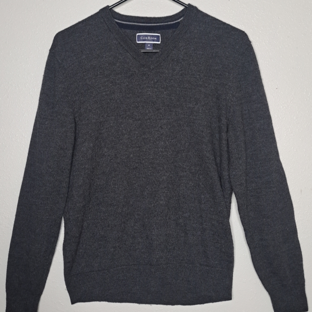 Club Room Men's Ribbed Trim V-Neck Sweater Dark Charcoal Size Medium Long Slv - Picture 1 of 15